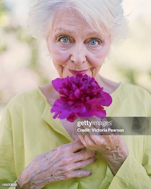 mature woman holding pink peony (paeonia suffruticosa) - paeonia suffruticosa stock pictures, royalty-free photos & images