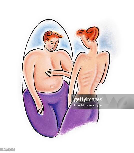 ilustrações de stock, clip art, desenhos animados e ícones de anorexic woman looking in mirror - bulimia