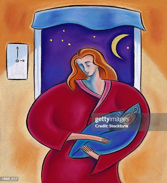 woman holding baby in moonlight - 泣く　女性　正面点のイラスト素材／クリップアート素材／マンガ素材／アイコン素材
