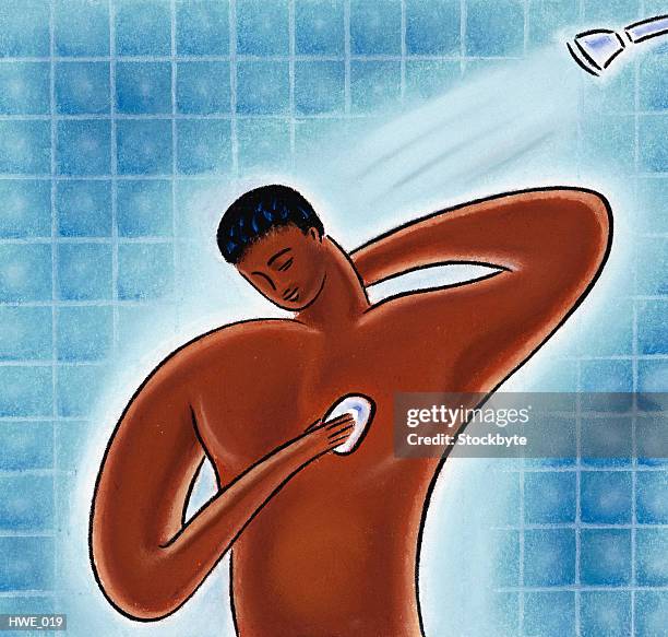 man having shower - scrubbing wall stock illustrations