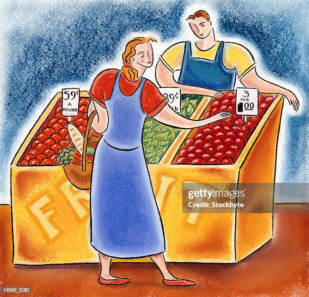 woman buying fruit from man - couple choosing stock illustrations