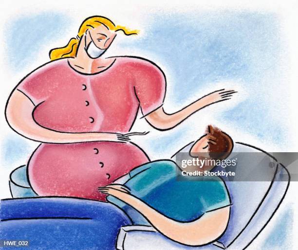female hygienist and male patient - patient lying on back stock illustrations