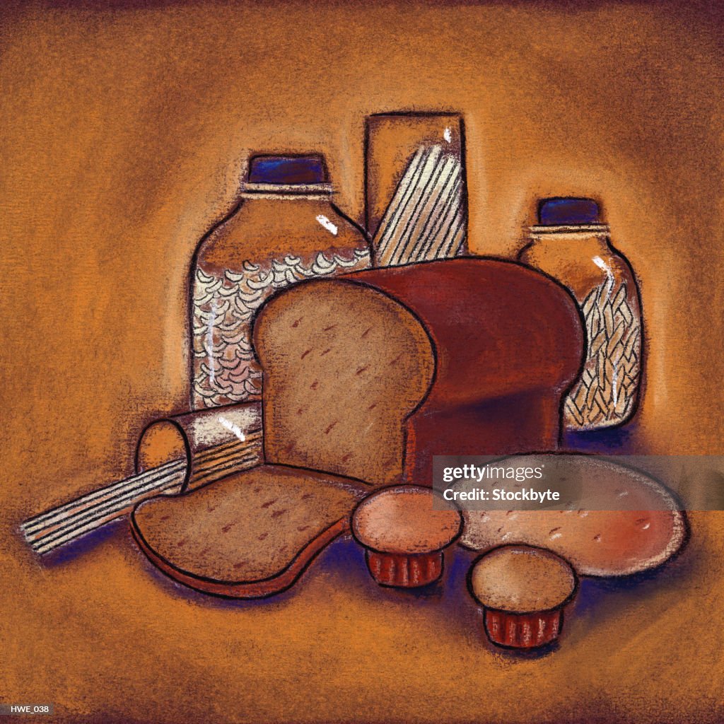 Assortment of breads, muffins and pasta