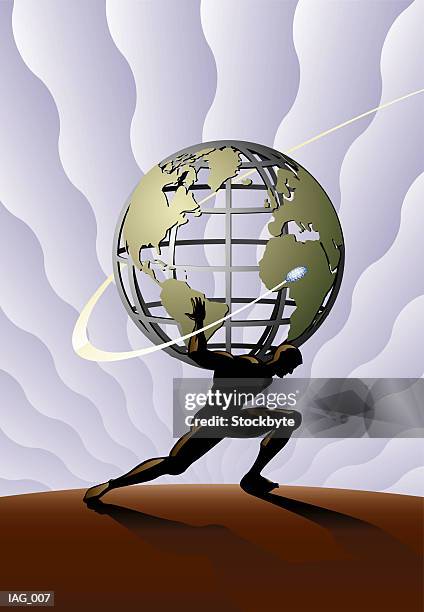 ilustrações de stock, clip art, desenhos animados e ícones de atlas holding world on his shoulders; spaceship flying around world - classical mythology character