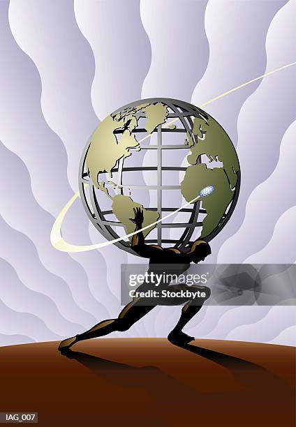 atlas holding world on his shoulders; spaceship flying around world - atlas mythological figure stock illustrations