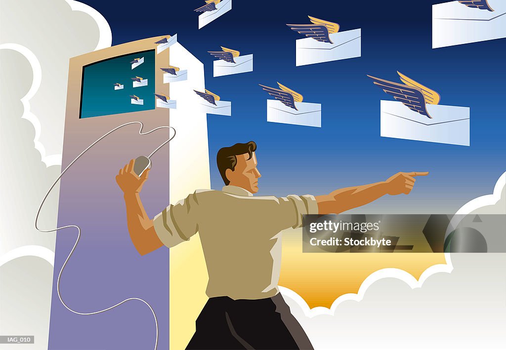 Man holding computer mouse, directing squadron of envelopes