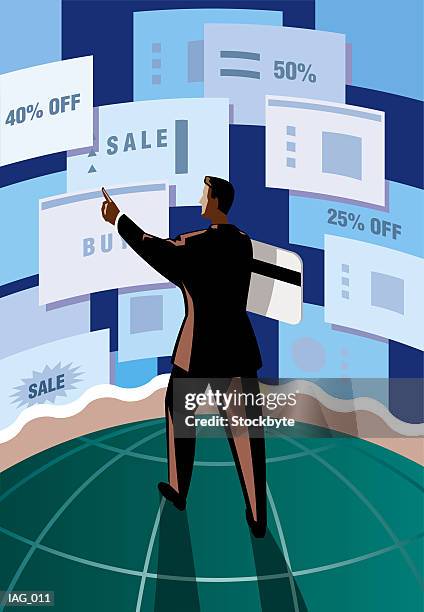 man with credit card under arm pointing at sale announcements - commercial event stock illustrations
