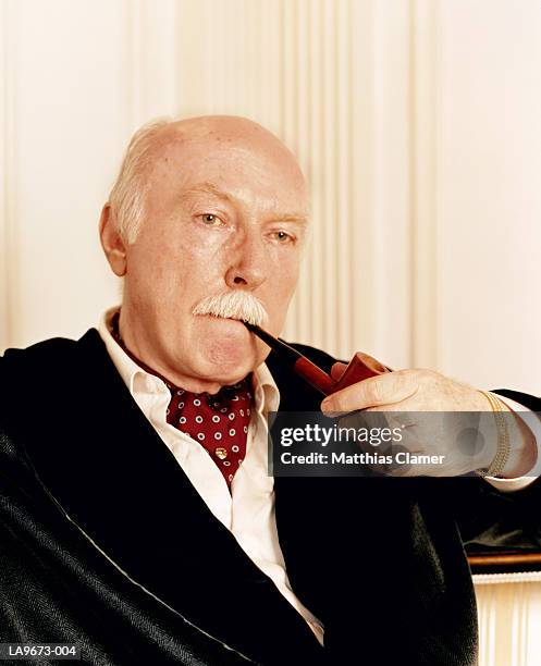 mature man smoking pipe, close-up - cravat fotografías e imágenes de stock