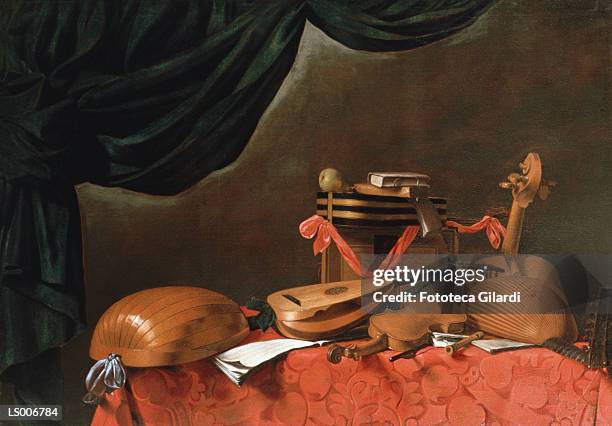 still life of stringed instruments - lute stock illustrations