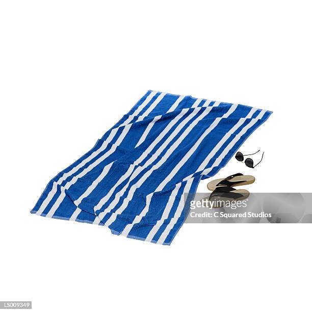 towel, sandals and sunglasses - towel lined stock pictures, royalty-free photos & images