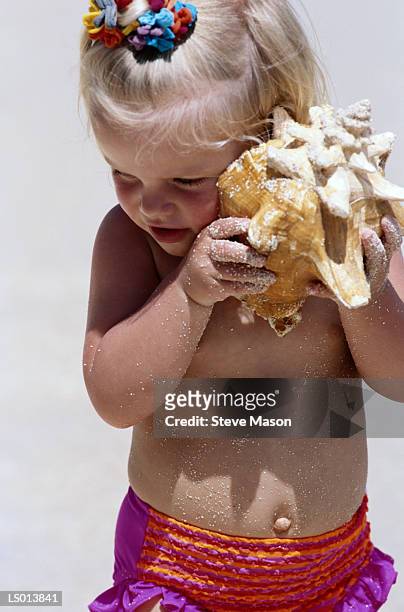 girl with conch shell - conch stock pictures, royalty-free photos & images