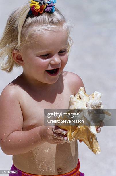 girl with conch shell - conch stock pictures, royalty-free photos & images