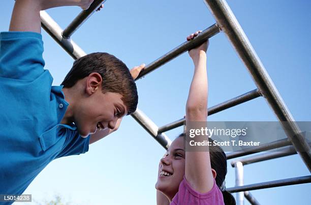 children hanging on jungle gym - jungle gym stockfoto's en -beelden