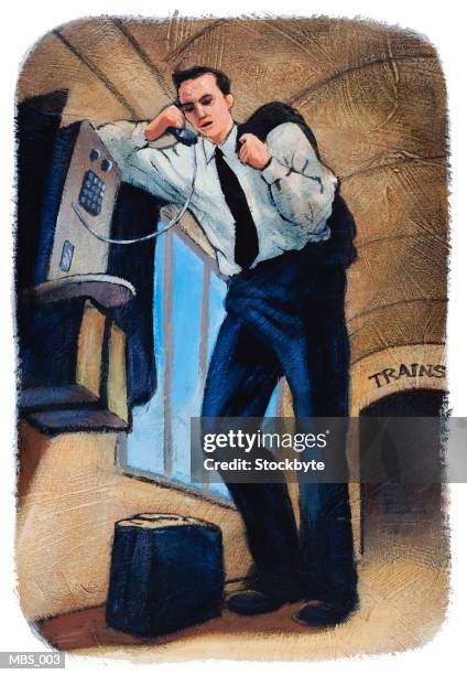 man using pay phone in train station - victoria station stock illustrations