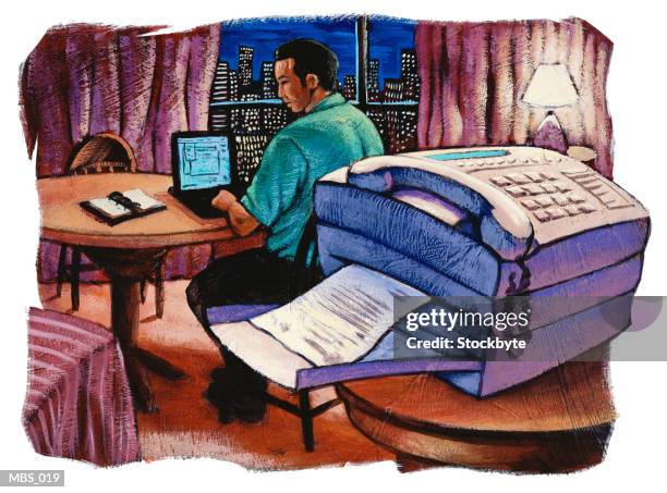 man in hotel room using laptop computer; fax machine on table - human machine interface stock illustrations
