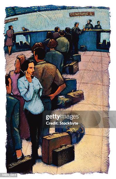 woman in lineup at airport using cellular phone - lineup stock illustrations
