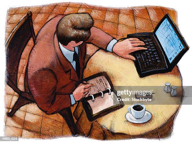 man sitting at restaurant table, using laptop computer - foodie stock illustrations