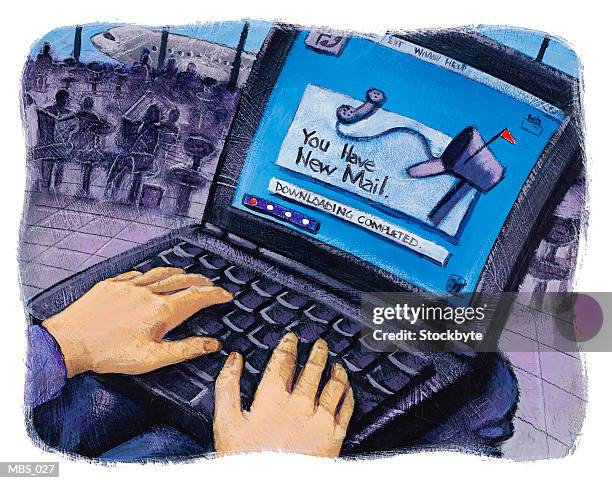 ilustrações de stock, clip art, desenhos animados e ícones de laptop computer displaying e-mail message; hands on keyboard - dele e dela