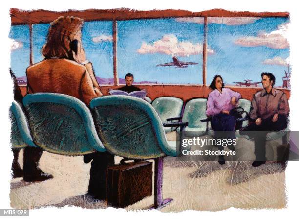 woman sitting in airport lounge, using cellular phone - airport lounge interior stock illustrations
