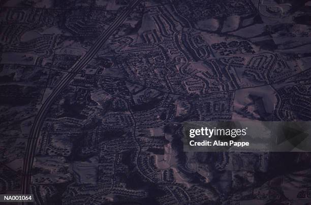 town and highway, winter, aerial view - town imagens e fotografias de stock