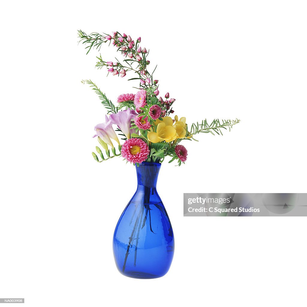 Freesia and Delphinium in Blue Vase
