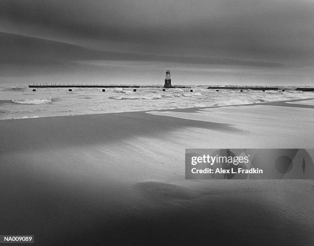 usa, illinois, lake michigan beach during storm (b&w) - usa fotografías e imágenes de stock