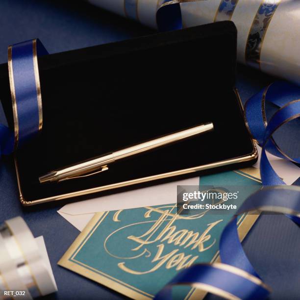 gold pen in case and thank you card - you stock pictures, royalty-free photos & images