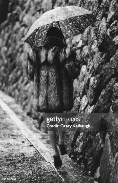 young woman walking in the rain, rear view (b&w) - casey stock pictures, royalty-free photos & images