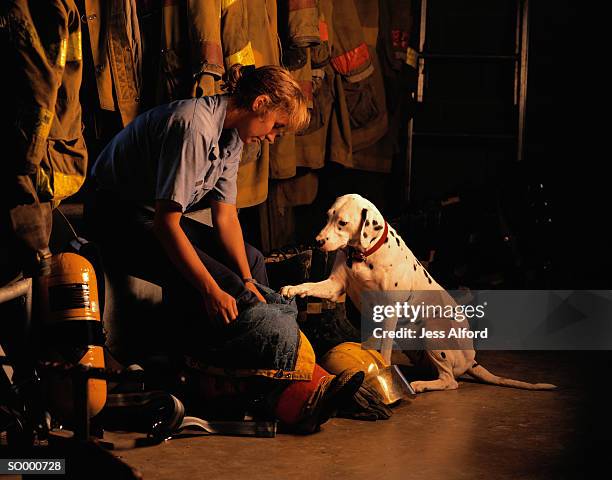 firefighter and dalmatian - emergency services equipment stock pictures, royalty-free photos & images