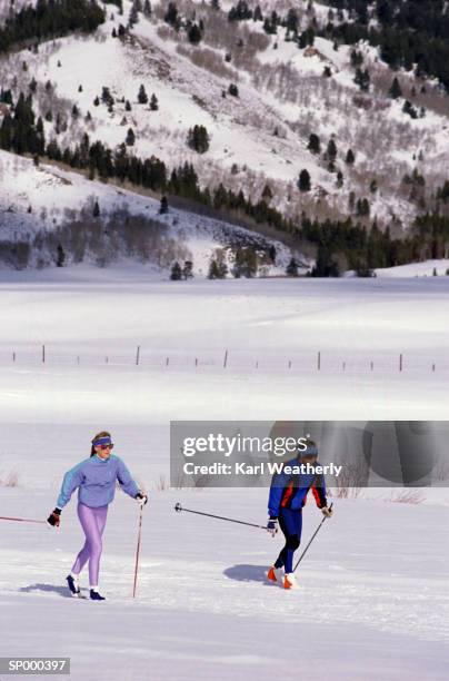 cross country skiing across a meadow - across stock pictures, royalty-free photos & images