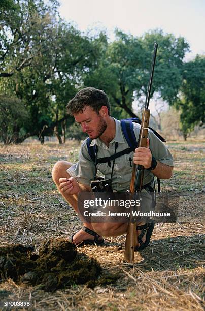 safari tracker examining dung - dung stock pictures, royalty-free photos & images