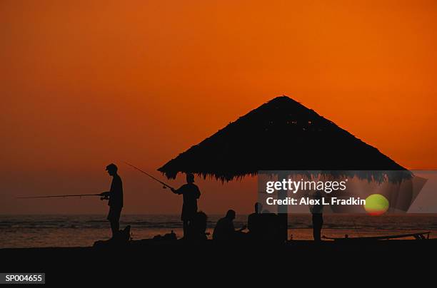 people fishing from beach, silhouette, sunset - ensenada stock pictures, royalty-free photos & images
