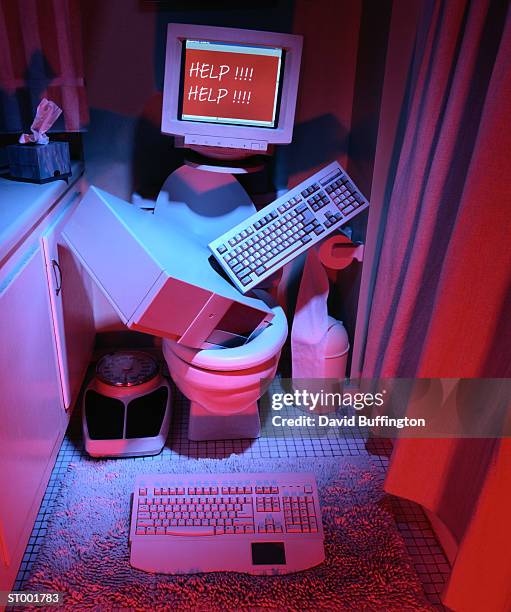 computer in toilet - computer rage stock pictures, royalty-free photos & images