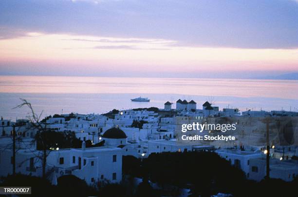 mykonos, greece - town at night - town imagens e fotografias de stock