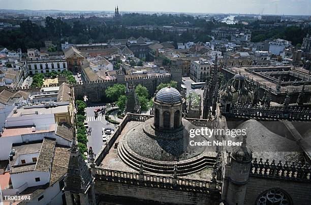 aerial view of seville - queen letizia of spain attends the red cross world day commemoration in valladolid stockfoto's en -beelden