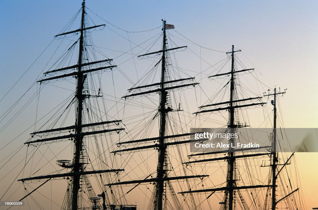 Masts and rigging on large sailing ship, low angle view