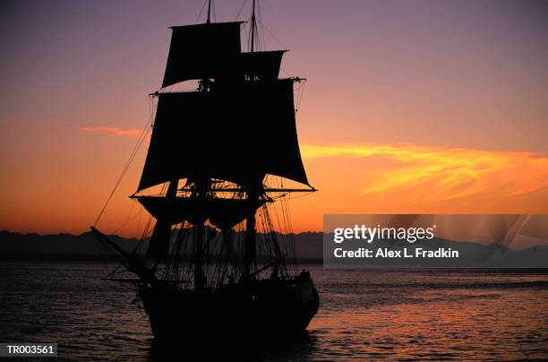 sailing ship under full sail on water, silhouette, sunset - parte del barco fotografías e imágenes de stock