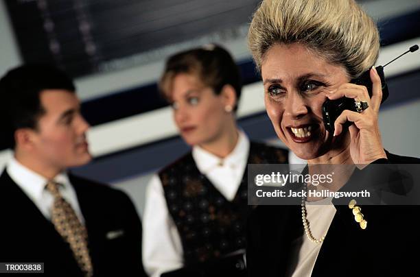 woman talking on telephone - king juan carlos and queen sofia attends 25th anniversary tribute of seville universal exhibition stockfoto's en -beelden