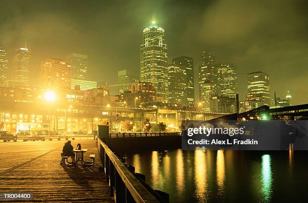 usa, washington, state, seattle, skyline from waterfront, night - usa imagens e fotografias de stock