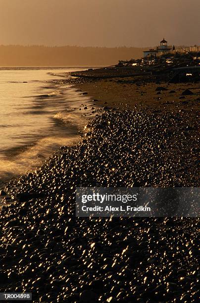 rocky beach, lighthouse in background, dusk - alex grey stock-fotos und bilder