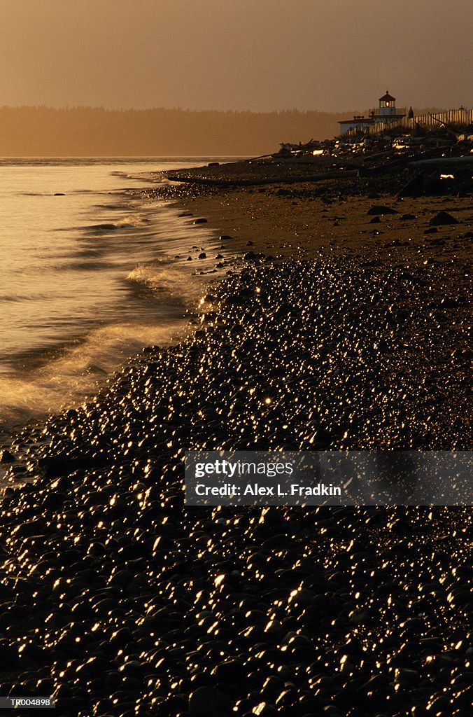 Rocky beach, lighthouse in background, dusk