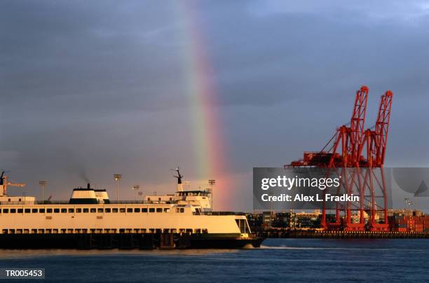 usa, washington state, seattle, ferry passing dockside cranes - north pacific ocean stock pictures, royalty-free photos & images