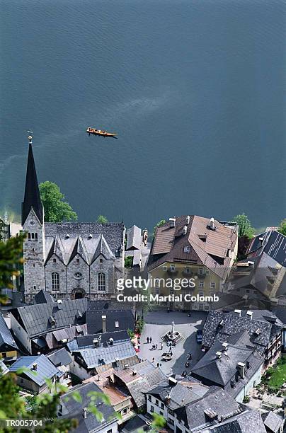 aerial of hallstadt in austria - martial stock pictures, royalty-free photos & images