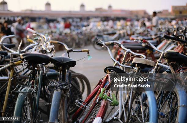 parked bicycles - human powered vehicle stock pictures, royalty-free photos & images