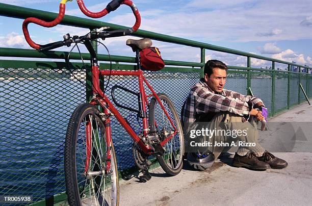man and bicycle on ferry - human powered vehicle stock pictures, royalty-free photos & images