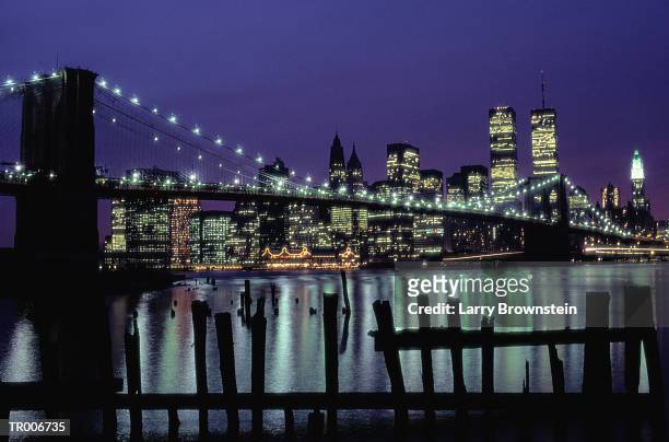 brooklyn bridge at night - 6th annual ucp of nyc santa project party and auction benefiting united cerebral palsy of new york city stockfoto's en -beelden