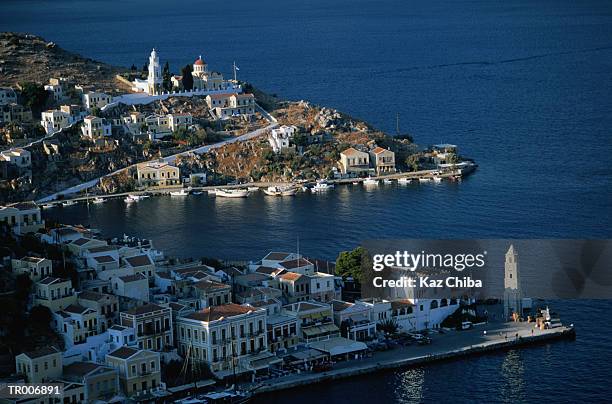 symi, greece -- town and harbor - town imagens e fotografias de stock