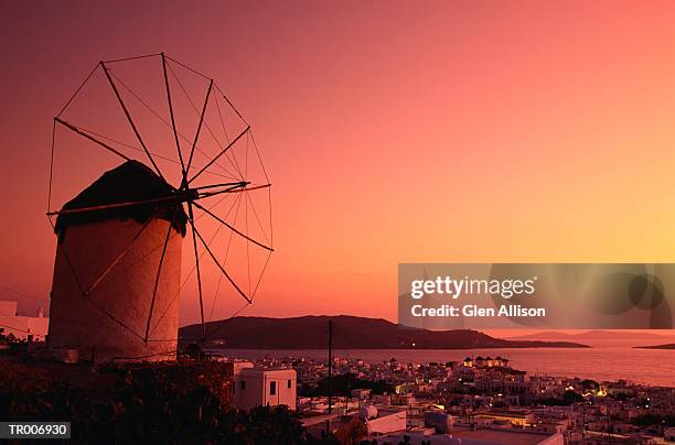 windmill and sunset at mykonos, greece - allison stock pictures, royalty-free photos & images