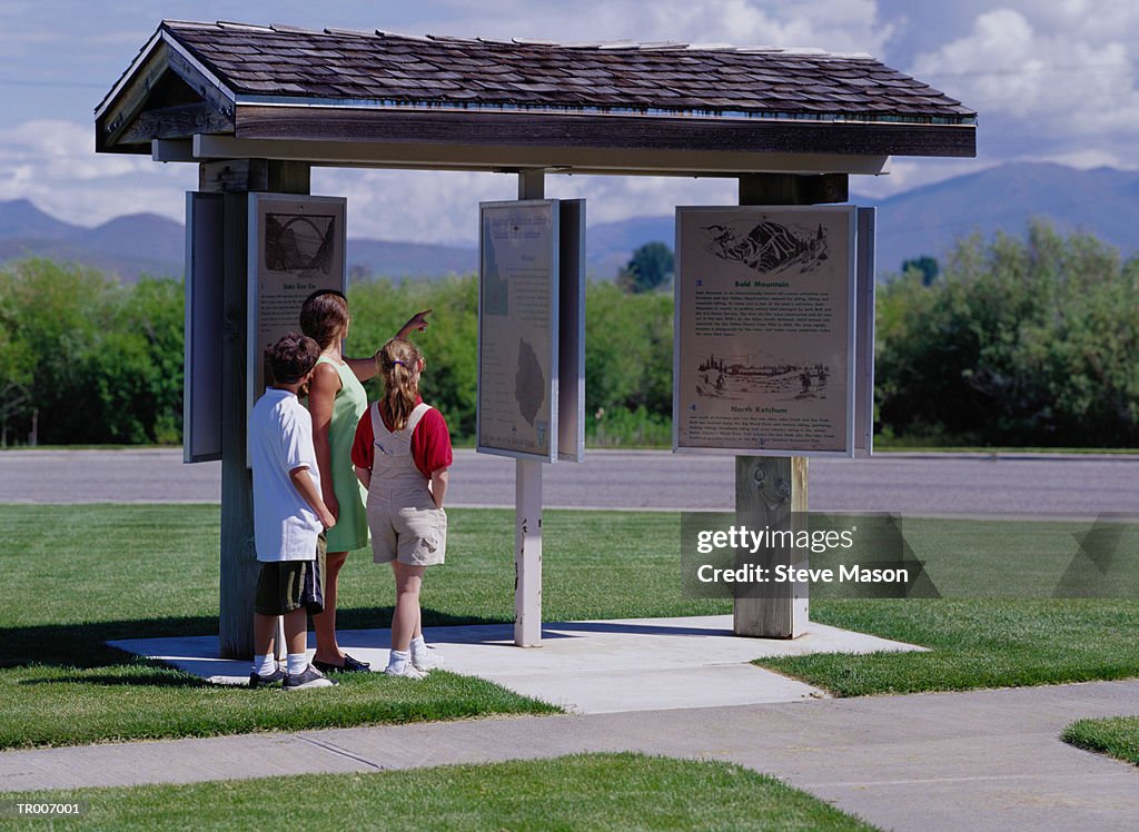 Mother and Children Reading Tourist Information