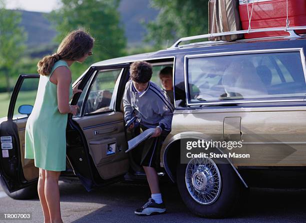 mother and children by station wagon - by stock pictures, royalty-free photos & images